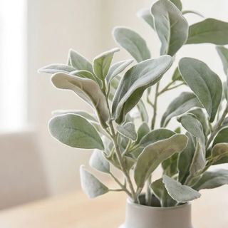 Lambs Ear stem 20-inch artificial plant with fuzzy gray-green leaves in a white pot.