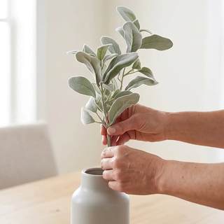 Lambs Ear stem, 20 in, artificial flora with soft gray-green fuzzy leaves in a gray ceramic vase.