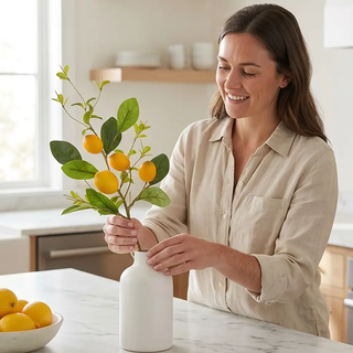Lemon and Foliage Stem 28-inch artificial floral stem with yellow lemons and green leaves in a white vase.