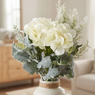 Mixed Foliage & White Hydrangea Bundle, artificial flora with white hydrangeas and dusty-green foliage in a white vase.
