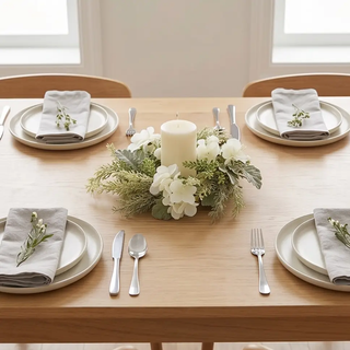 Candle ring centerpiece with artificial mixed foliage and white hydrangeas around a pillar candle