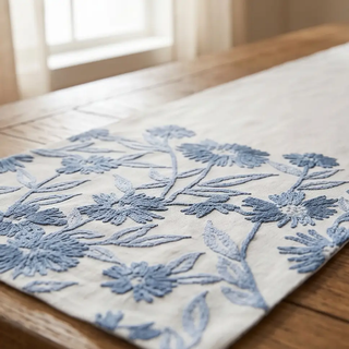 Table runner, 72-inch white linen with blue embroidered floral pattern