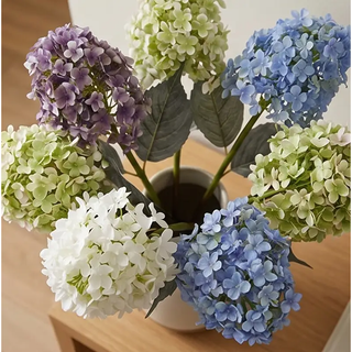 Cone Hydrangea Stem, artificial flowering plant with multicolored blue, purple, white and green blooms.