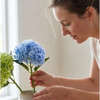 Real Touch Hydrangea Spray, blue and green artificial hydrangea flowers arranged in a vase.