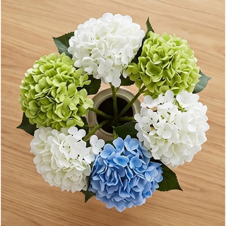 Real Touch Hydrangea Spray, artificial flowering plant with white, blue, and lime-green blooms.
