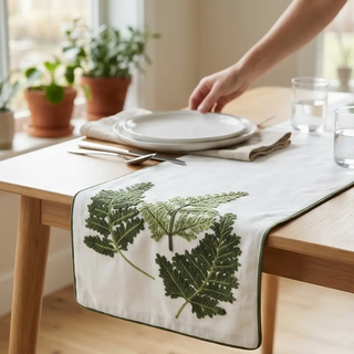72 Inch Embroidered Fern Table Runner on white fabric with green fern embroidery and green edge trim