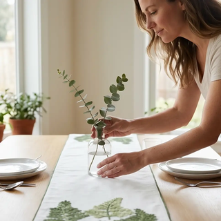 72-inch embroidered fern table runner in white with green embroidery.