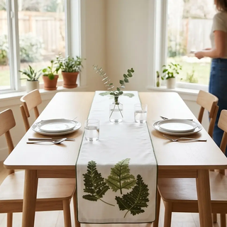 72-inch embroidered fern table runner in white fabric with green fern motifs.