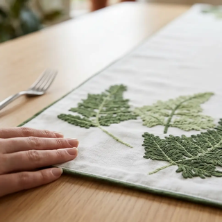 Table runner, 72-inch, embroidered fern design on white fabric.