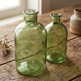 Green glass bottles, two, used as decorative vases, resting on a rustic wooden surface.
