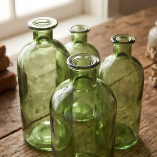 Four green glass bottles on a rustic wooden surface