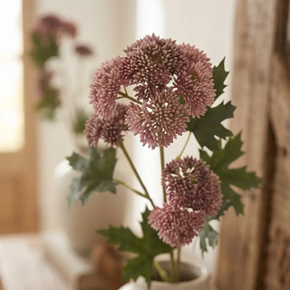 Pink Sedum Stem, artificial non-flowering plant with clustered pink blossoms in a vase