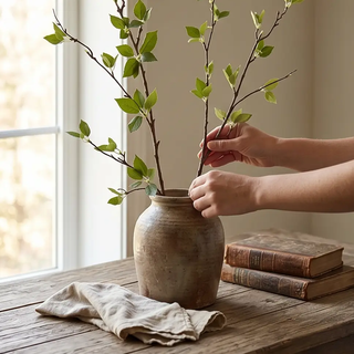 Green leaf branch artificial plant with two stems in a rustic ceramic vase on a wooden table