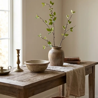 Green Leaf Branch artificial plant in a ceramic vase with green leaves on a rustic wooden table