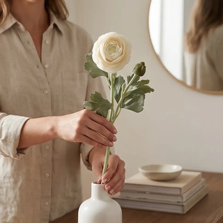 Real Touch Bud & Bloom Ranunculus artificial flower with ivory white bloom in a white vase
