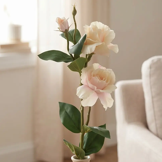 Light peach rose stem with pink blooms, 25in tall artificial flowering plant with green leaves