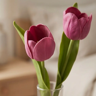 Real Touch Double Tulip Premade artificial flowers, two pink tulips with green stems in a glass vase.