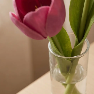 Real Touch Double Tulip Premade artificial flower in clear glass vase with green stems