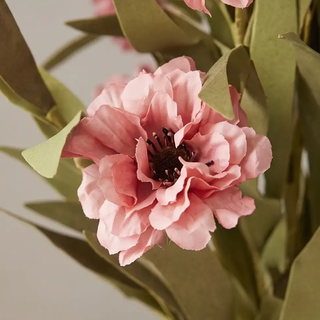 Artificial Oriental Poppy Bush with Eva foliage, pink bloom with dark center and green leaves