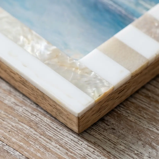 Beige stripe 4x6 picture frame with shell inlay and wooden border.