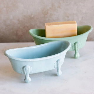 Bathtub soap dish set of two, pastel blue and green ceramic with clawfoot legs