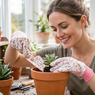 Gardening set with red floral gloves planting a succulent in a terracotta pot