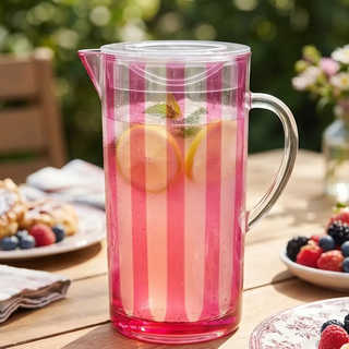 2-1/2 qt acrylic pitcher with fuchsia stripes and lid, serving pitcher