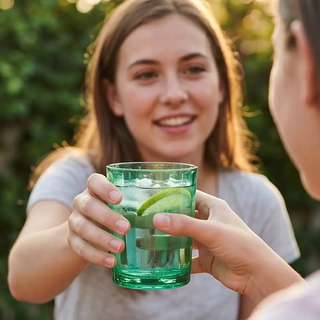 14 oz acrylic drinking glass with stripes, green, held for a toast with lime wedge by two friends