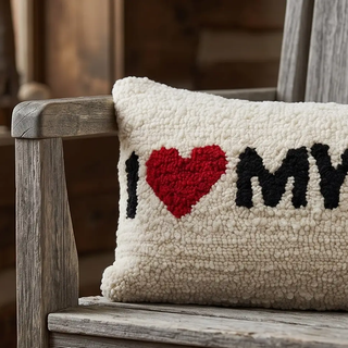 Cotton blend tufted lumbar throw pillow in natural cream with red heart and black lettering.
