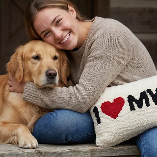 Throw pillow, cotton-blend tufted lumbar in natural cream with black text and red heart I heart MY DOG.