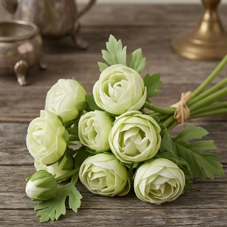 Real Touch Ranunculus Bundle, 10 artificial pale-green blooms with green foliage tied with twine.