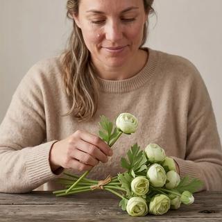 Real Touch Ranunculus bundle, 10 stems, pale green artificial flowers with green leaves.