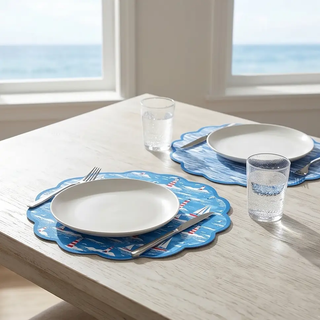 Placemat set of 4 nautical blue scalloped placemats with sailboats and lighthouses, reversible.
