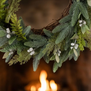 Faux mixed pine wreath with cream pods on a vine base, green evergreen sprigs near a fireplace.