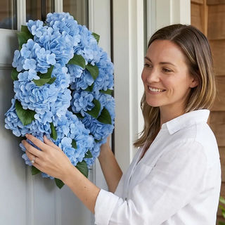Blue Real Touch Hydrangea Wreath by K&K on front door, being placed by a smiling woman