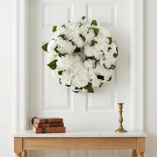 White Real Touch Hydrangea Wreath with green leaves for door decor