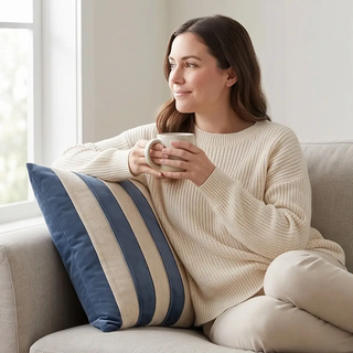 Square pillow in blue velvet and natural cotton stripes