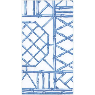Guest towel napkin with blue bamboo screen pattern on white paper-linen