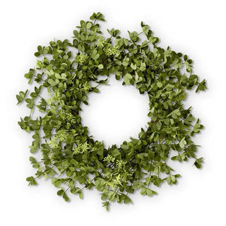 Green Eva leaves eucalyptus wreath with seed pods, circular green foliage arrangement