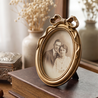Antique gold oval picture frame with bow top and beaded edge, displaying a vintage couple portrait.