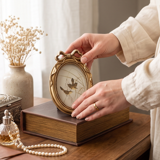 Antique gold oval picture frame with ornate beaded edge, held by hands over a brown hardcover book.