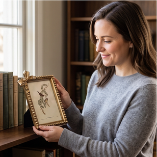 Antique gold bow frame with a beaded border, held by a smiling woman beside a bookshelf