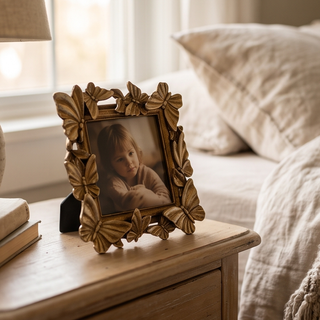 Butterfly frame picture frame with gold-toned butterfly border, displayed on a wooden nightstand with a child's portrait.