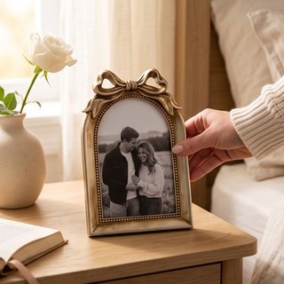Arched Bow Frame in antique gold finish with beaded edge, holding a black-and-white couple photo on a wooden table.