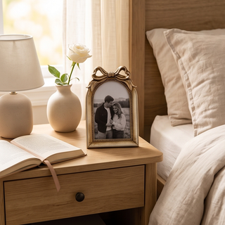 Arched bow photo frame in antique gold on a wooden nightstand beside an open book and lamp