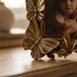 Butterfly frame with bronze metallic butterfly accents along the edge and a photo opening