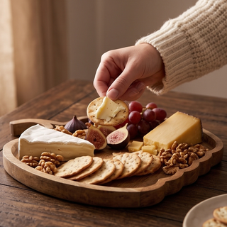 Mango wood pumpkin-shaped cheese board, natural finish, with assorted cheese, crackers, figs, grapes, and nuts.