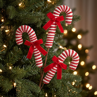 Pink peppermint spray candy canes (3) on a Christmas tree with red bows