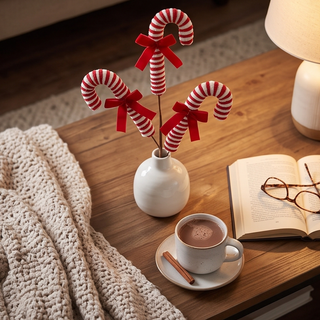 Pink peppermint spray with three red-and-white striped candy canes tied with red bows in a white vase on a wooden table.