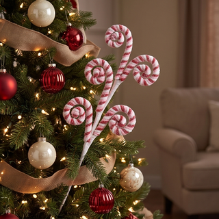 Peppermint Swirl Spray candy cane stems in red and white on a Christmas tree